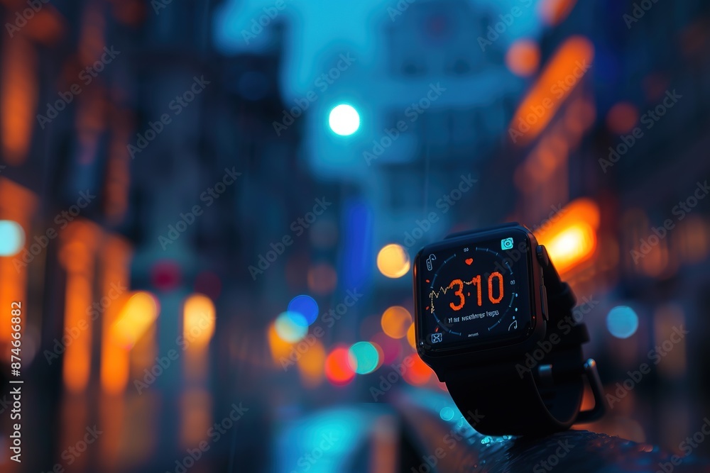 Poster a smartwatch displaying the time and other features, with an app icon showing on its screen. blurred