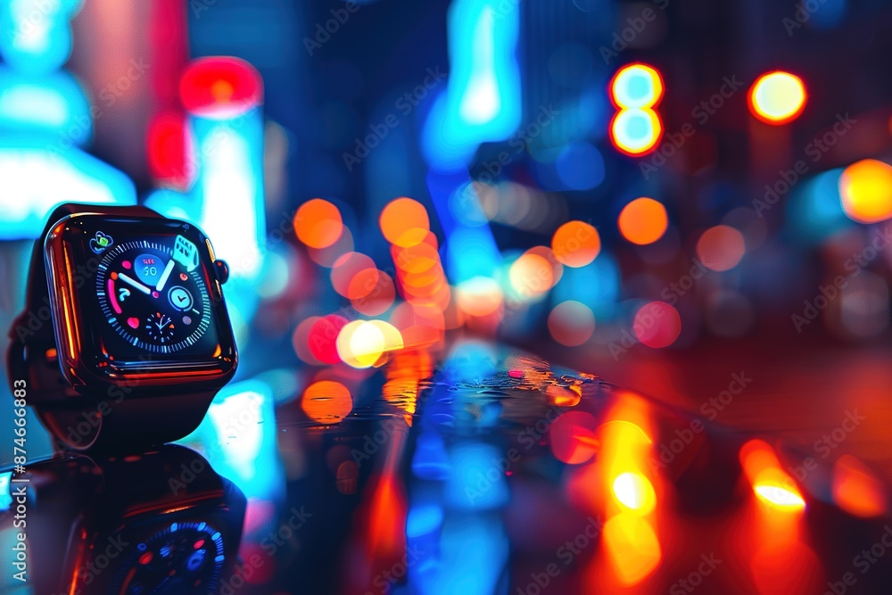 Poster a smartwatch displaying the time and other features, with an app icon showing on its screen.