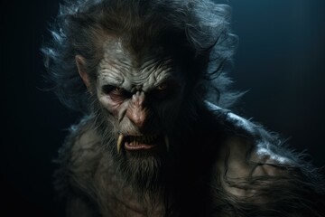 Menacing werewolf with glowing eyes captured in a dark, atmospheric setting