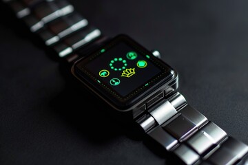 A sleek smartwatch with an app that , displaying icons for time and coin balance in green color