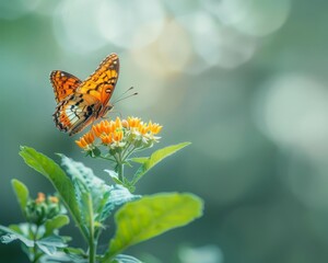 Obraz premium A lone, vibrant butterfly perched on a small, delicate flower