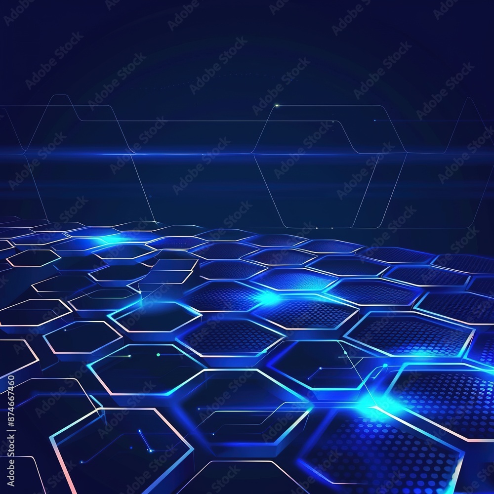 Poster blue technology background with hexagon grid and glowing lines vector presentation for business,