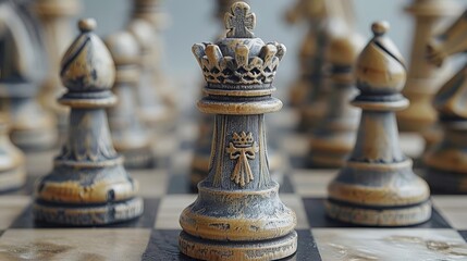 Fototapeta premium A minimalist chess set arranged at the start of a game, with a focus on the king