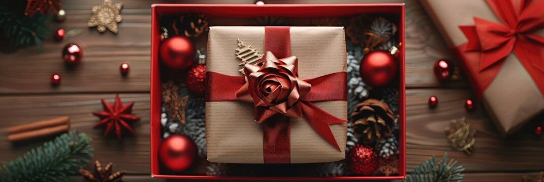 Exquisitely wrapped gift box with a red ribbon and bow, surrounded by festive ornaments and decorations, ready to be given as a present during the Christmas holiday season.