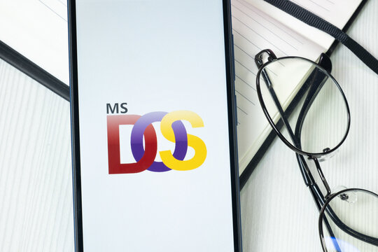 New York, USA - 30 June 2024: MS DOS Logo or Icon on Phone Screen