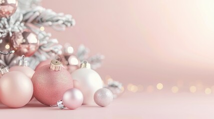 Pink and white Christmas balls with a snowy fir branch on a pastel pink background.