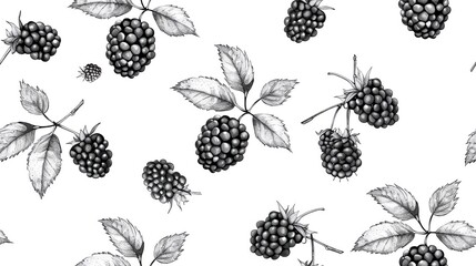Minimalist seamless pattern of hand-drawn blackberries in monochrome