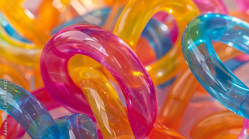 Poster an abstract image of a plastic water play set with twisting and curving plastic tubes creating a maz