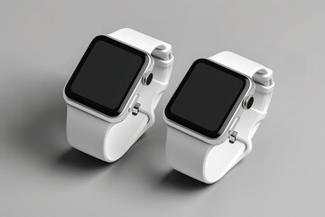 Two white smart watch product mockups with black screens, one on the left and another in front.
