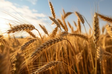 Obraz premium Close-up of ripe wheat ears with warm sunset light in the background