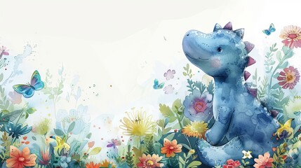 Watercolor illustration of a friendly dinosaur in a floral garden. Concept of children s illustration, whimsical art, fantasy creature. Copy space