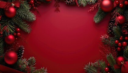 Christmas and New Year red background with fir branches and decorations.