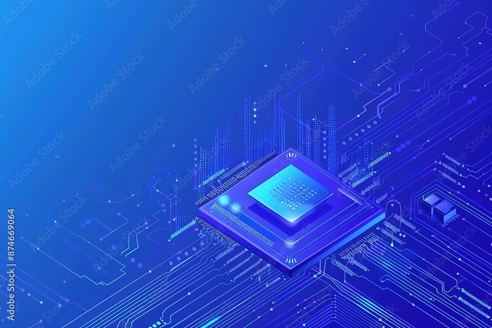 Poster a blue gradient background with an isometric chip and circuit board floating in center, surrounded b