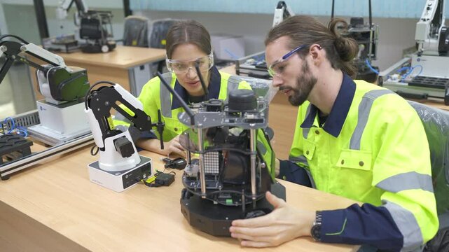 Side view of Caucasian professional technician man and woman worker check and discuss together about small robot machine on table in factory area.