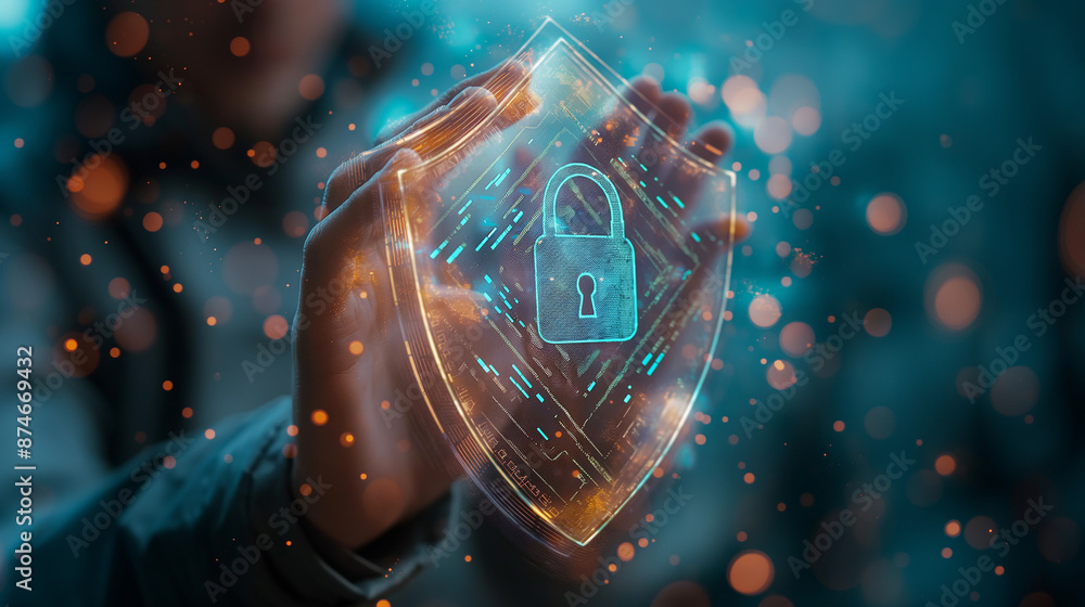 Poster Software developer protecting data with digital shield cybersecurity concept