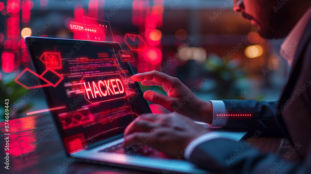 Poster Businessman working late experiencing data breach with hacked system message
