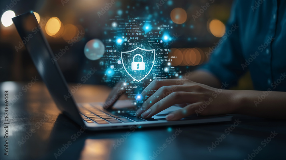 Poster Programmer working on laptop with cyber security system