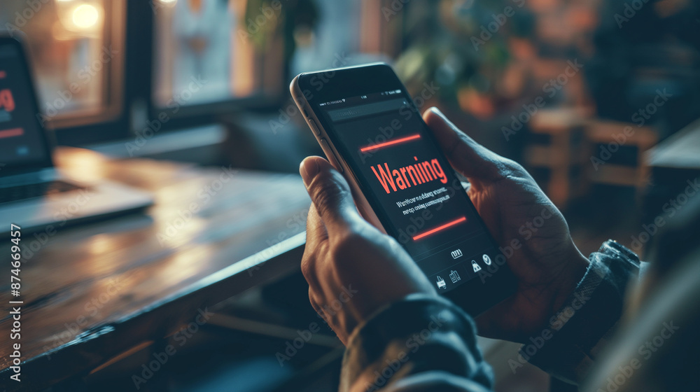 Poster Programmer receiving warning notification on smartphone in office at night