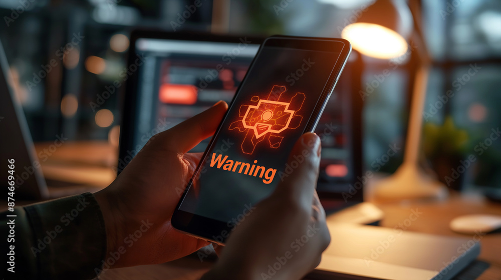 Aufkleber Programmer holding smartphone showing warning message about security breach