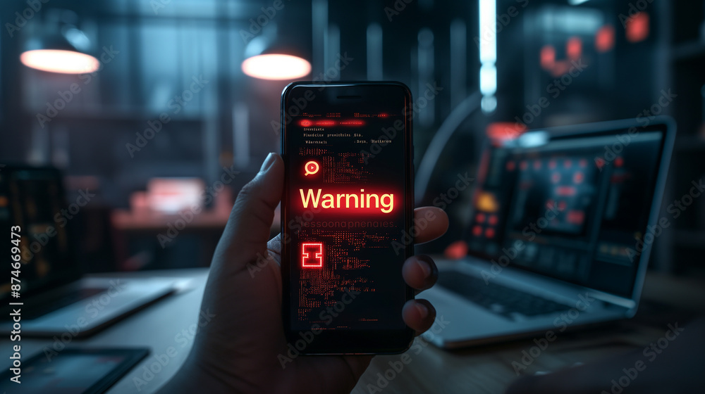 Poster Programmer holding smartphone with warning message on screen in office at night