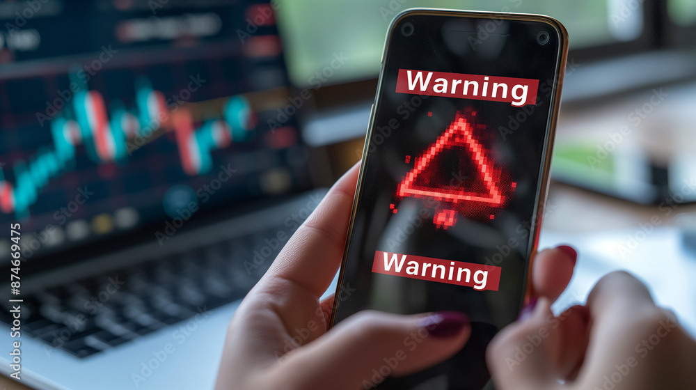 Aufkleber woman holding smartphone with warning message on screen and stock chart in background