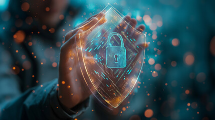 Software developer protecting data with digital shield cybersecurity concept