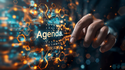 Businessman pointing at agenda on futuristic digital display