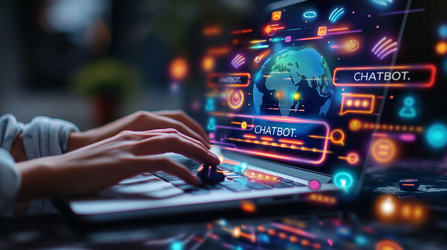 Businesswoman typing on laptop with chatbot icons and hologram globe