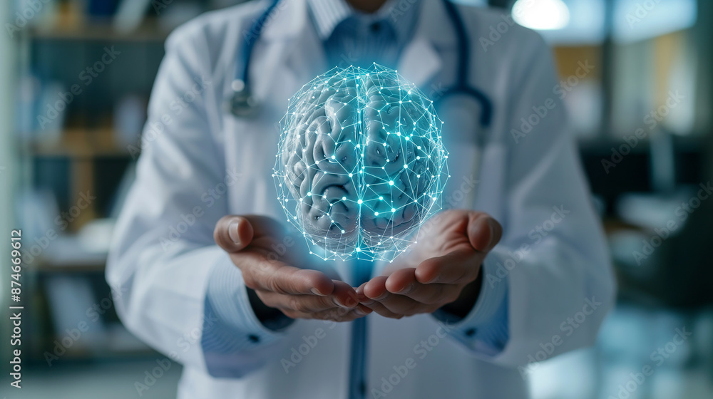 Poster doctor holding virtual brain representing neurology and cognitive science