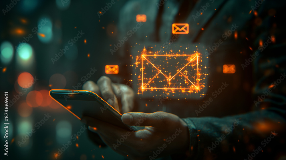 Poster businessman using smartphone sending email for business and technology concept