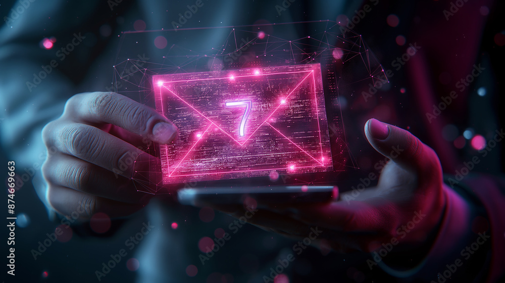 Poster businessman holding smartphone with hologram of email icon showing seven unread messages