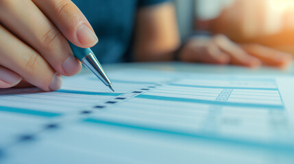 Businesswoman checking boxes on paper form with pen
