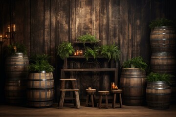 Fototapeta premium Vintage setting with wooden barrels and green ferns creating a cozy, antique atmosphere