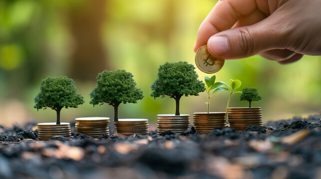 Businessman holding bitcoin over growing trees on stacked coins