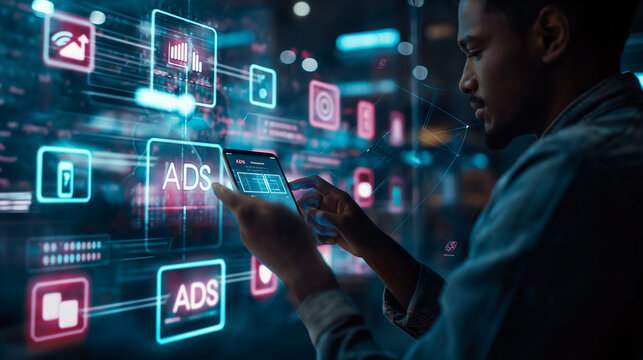 Marketing specialist working late and analyzing ads campaign performance on a digital tablet