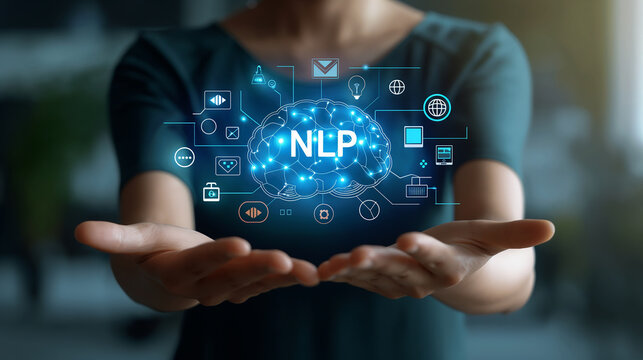 Businesswoman holding futuristic hologram with nlp text surrounded by digital icon