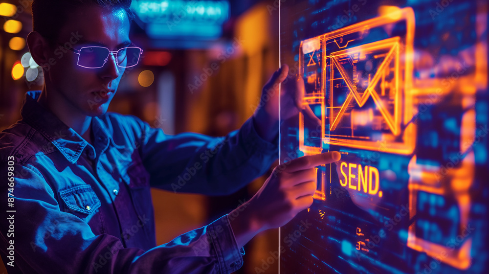 Poster Programmer sending email using futuristic holographic interface