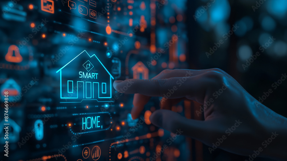 Poster Software developer touching smart home icon on control panel