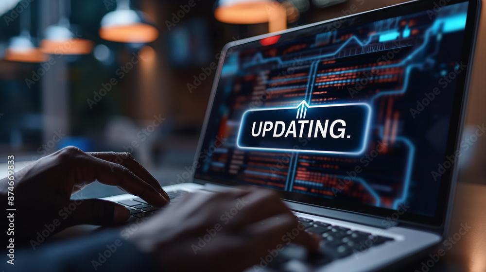Poster Software developer updating computer system with progress bar