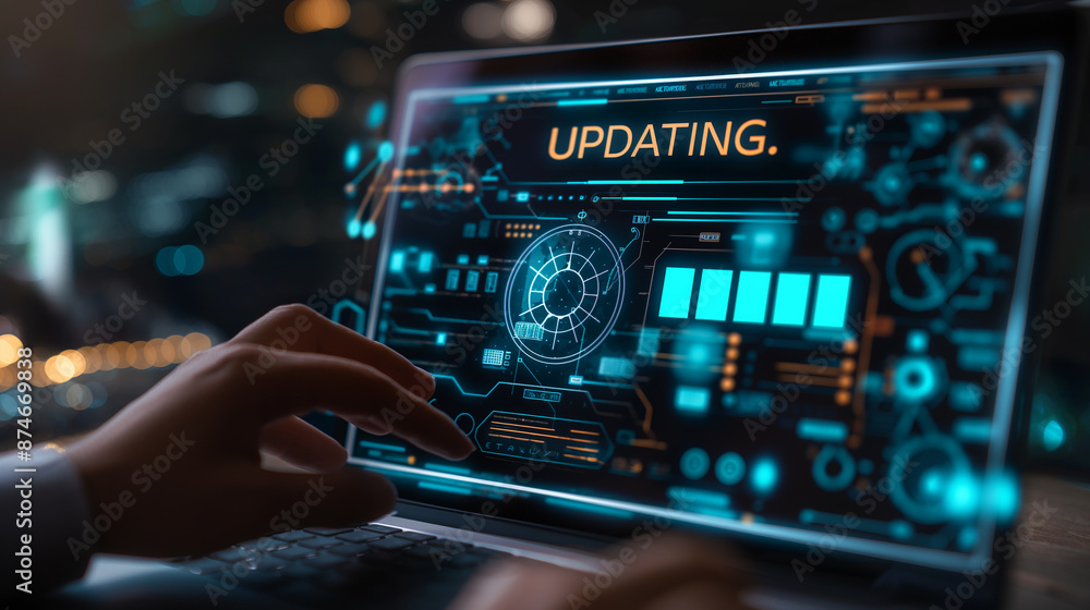 Poster Businessman updating software on laptop with progress bar
