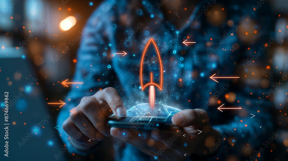Poster businessman launching startup business from smartphone with rocket hologram and digital data network
