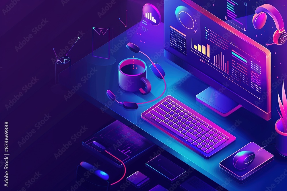Poster technology isometric computer business digital vector design web background illustration concept lap