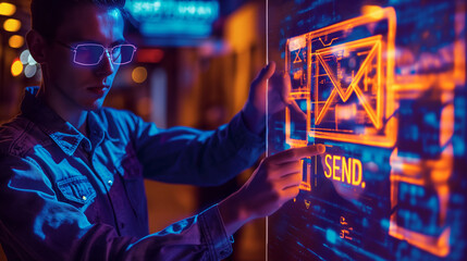 Programmer sending email using futuristic holographic interface