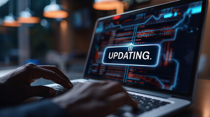 Software developer updating computer system with progress bar