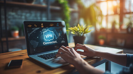 Programmer using laptop showing vpn connection on screen