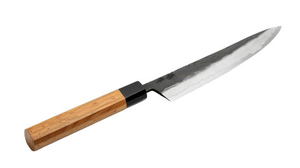 Fototapeta premium Elegantly Crafted Japanese Chef Knife With Wooden Handle and Patterned Blade