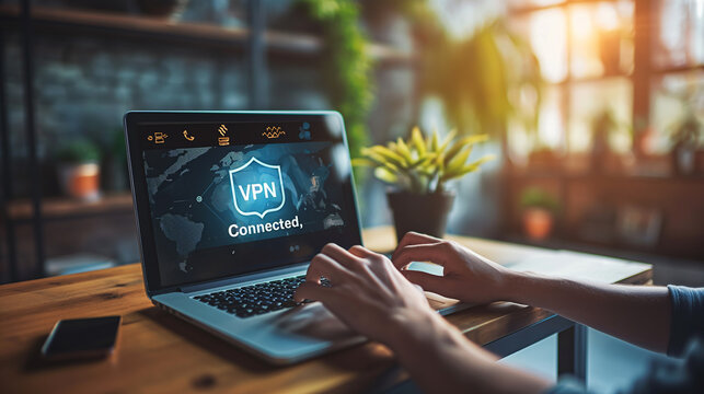 Programmer using laptop showing vpn connection on screen