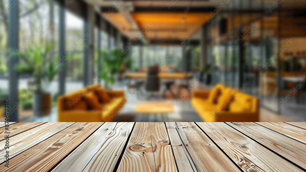 Poster table top against a blurred background of a modern hotel lobby, creating an ideal canvas for showcas