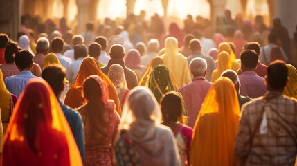 A group of people participating in a traditional Indian procession or religious ceremony with copy space