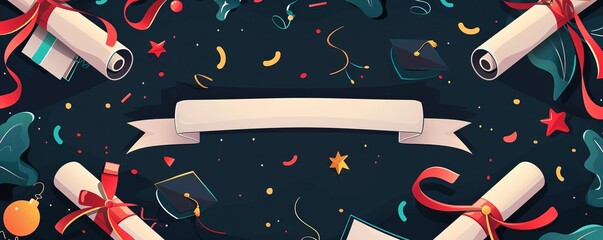 Graduation banner, diploma scrolls and festive background, flat design illustration